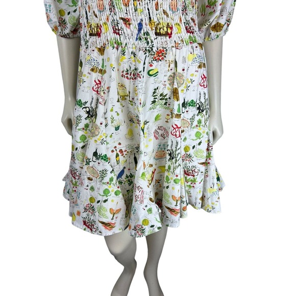 NEW Rhode Astrid Smocked Printed Dress Size L Puff Sleeve Picnic White Pleat - Picture 5 of 12